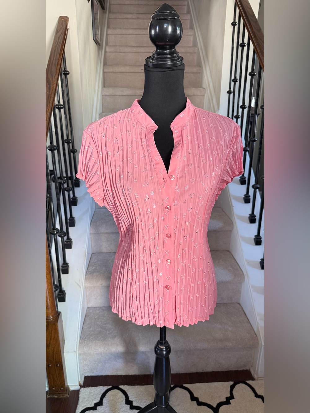 Ladies Salmon Pink Pleated Button-Front Blouse